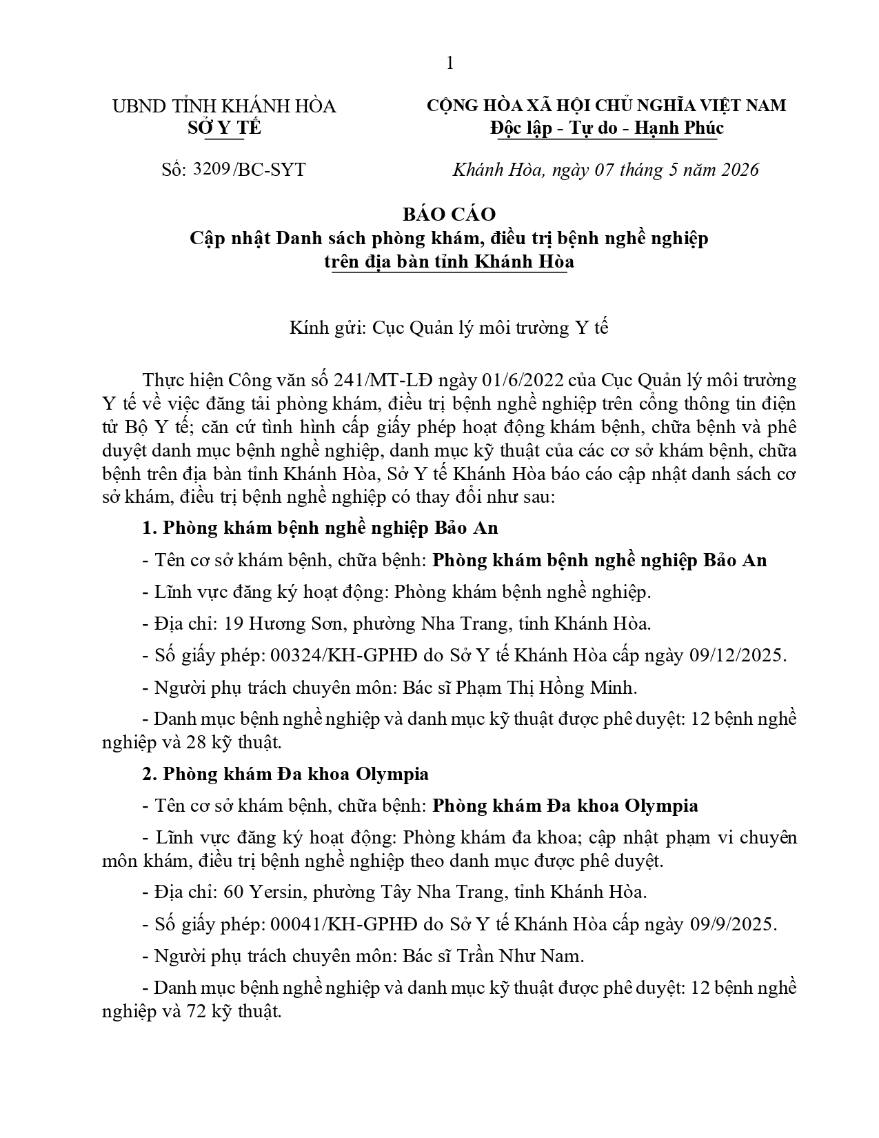 V/v Cập nhật Danh sách phòng khám, điều trị bệnh nghề nghiệp trên địa bàn tỉnh Khánh Hòa